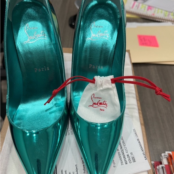 Christian Louboutin Shoes - Christian Louboutin Metallic Teal Pointed Toe Pumps with Red Drawstring Pouch